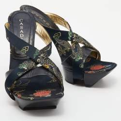 Pre Owned Casadei Multicolor Embroidered Satin And Leather Leather Strappy Platform Open Toe Sandals Size 37.5