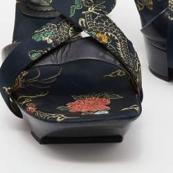 Pre Owned Casadei Multicolor Embroidered Satin And Leather Leather Strappy Platform Open Toe Sandals Size 37.5