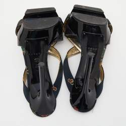 Pre Owned Casadei Multicolor Embroidered Satin And Leather Leather Strappy Platform Open Toe Sandals Size 37.5