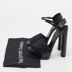 Pre Owned Casadei Black Woven Satin and Leather Platform Ankle Strap Sandals Size 36