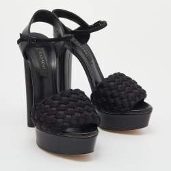 Pre Owned Casadei Black Woven Satin and Leather Platform Ankle Strap Sandals Size 36