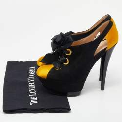 Pre Owned Casadei Black/Yellow Suede And Satin Lace Up Platform Booties Size 37.5