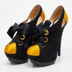 Pre Owned Casadei Black/Yellow Suede And Satin Lace Up Platform Booties Size 37.5