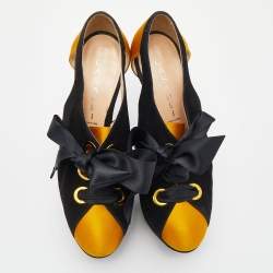 Pre Owned Casadei Black/Yellow Suede And Satin Lace Up Platform Booties Size 37.5