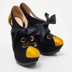 Pre Owned Casadei Black/Yellow Suede And Satin Lace Up Platform Booties Size 37.5