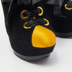 Pre Owned Casadei Black/Yellow Suede And Satin Lace Up Platform Booties Size 37.5