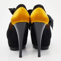 Pre Owned Casadei Black/Yellow Suede And Satin Lace Up Platform Booties Size 37.5