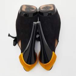 Pre Owned Casadei Black/Yellow Suede And Satin Lace Up Platform Booties Size 37.5