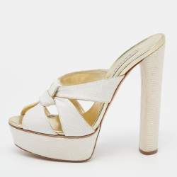 Casadei White/Gold Woven Straw and Leather Platform Sandals Size 39