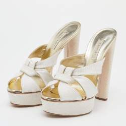 Casadei White/Gold Woven Straw and Leather Platform Sandals Size 39