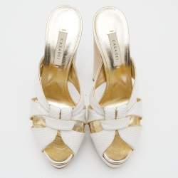 Casadei White/Gold Woven Straw and Leather Platform Sandals Size 39