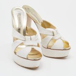 Casadei White/Gold Woven Straw and Leather Platform Sandals Size 39