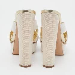 Casadei White/Gold Woven Straw and Leather Platform Sandals Size 39