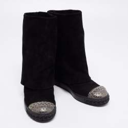 Pre Owned Casadei Black Suede Embellished Metal Cap Toe Fold-Over Wedge Boots Size 40