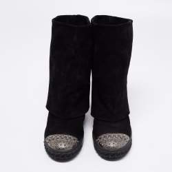 Pre Owned Casadei Black Suede Embellished Metal Cap Toe Fold-Over Wedge Boots Size 40