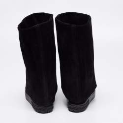 Pre Owned Casadei Black Suede Embellished Metal Cap Toe Fold-Over Wedge Boots Size 40