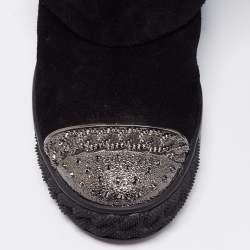 Pre Owned Casadei Black Suede Embellished Metal Cap Toe Fold-Over Wedge Boots Size 40