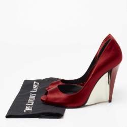 Pre Owned Casadei Red Satin Peep Toe Wedge Pumps Size 38