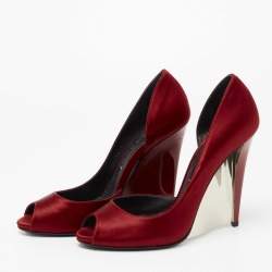 Pre Owned Casadei Red Satin Peep Toe Wedge Pumps Size 38