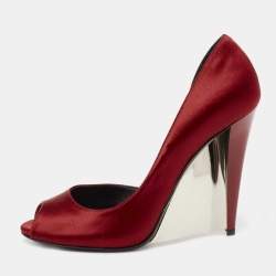 Pre Owned Casadei Red Satin Peep Toe Wedge Pumps Size 38