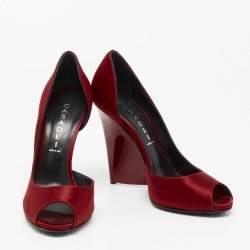 Pre Owned Casadei Red Satin Peep Toe Wedge Pumps Size 38