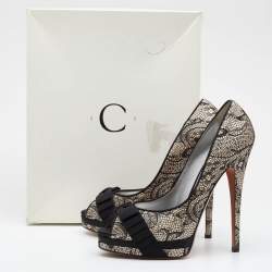 Pre Owned Casadei Black/Beige Lace and Leather Peep Toe Platform Pumps Size 39