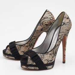 Pre Owned Casadei Black/Beige Lace and Leather Peep Toe Platform Pumps Size 39