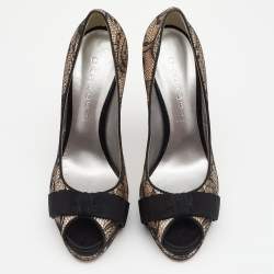 Pre Owned Casadei Black/Beige Lace and Leather Peep Toe Platform Pumps Size 39