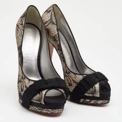 Pre Owned Casadei Black/Beige Lace and Leather Peep Toe Platform Pumps Size 39