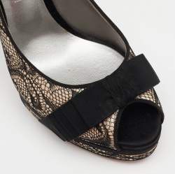 Pre Owned Casadei Black/Beige Lace and Leather Peep Toe Platform Pumps Size 39