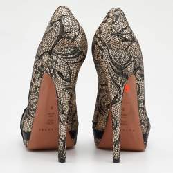 Pre Owned Casadei Black/Beige Lace and Leather Peep Toe Platform Pumps Size 39