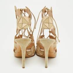 Pre Owned Casadei Tri-Color Suede and Leather Laser Cut Ankle-Tie Open Toe Sandals Size 37.5