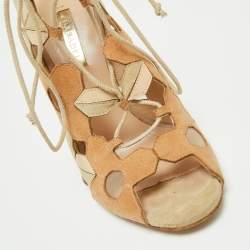 Pre Owned Casadei Tri-Color Suede and Leather Laser Cut Ankle-Tie Open Toe Sandals Size 37.5