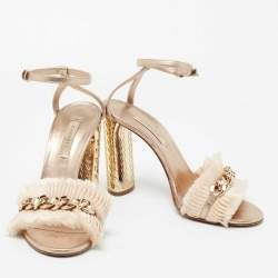 Pre Owned Casadei Rose Gold Leather Chain Detail Ankle Strap Sandals Size 38