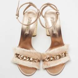 Pre Owned Casadei Rose Gold Leather Chain Detail Ankle Strap Sandals Size 38