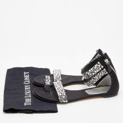 Pre Owned Casadei Black Embellished Fabric And Satin Ankle Cuff Flat Sandals Size 39