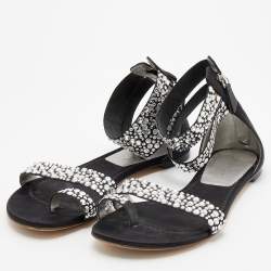 Pre Owned Casadei Black Embellished Fabric And Satin Ankle Cuff Flat Sandals Size 39