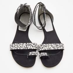 Pre Owned Casadei Black Embellished Fabric And Satin Ankle Cuff Flat Sandals Size 39