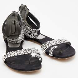 Pre Owned Casadei Black Embellished Fabric And Satin Ankle Cuff Flat Sandals Size 39