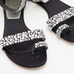 Pre Owned Casadei Black Embellished Fabric And Satin Ankle Cuff Flat Sandals Size 39