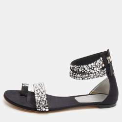 Pre Owned Casadei Black Embellished Fabric And Satin Ankle Cuff Flat Sandals Size 39