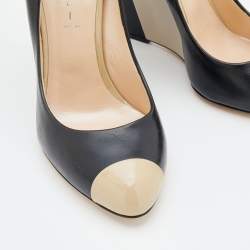 Pre Owned Casadei Black/Beige Leather And Patent Leather Cap Toe Wedge Pumps Size 41
