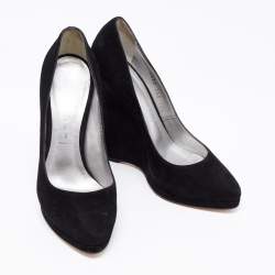 Pre Owned Casadei Black Suede Platform Wedge Pumps Size 36.5
