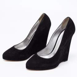 Pre Owned Casadei Black Suede Platform Wedge Pumps Size 36.5