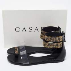 Pre Owned Casadei Black Leather And PVC Crystal Embellished Vinil Ankle Cuff Flat Sandals Size 38.5