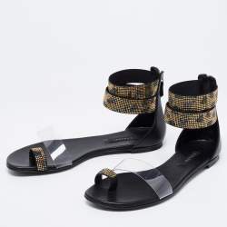 Pre Owned Casadei Black Leather And PVC Crystal Embellished Vinil Ankle Cuff Flat Sandals Size 38.5