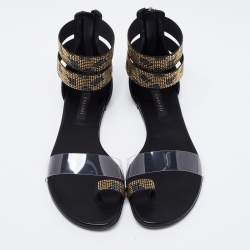 Pre Owned Casadei Black Leather And PVC Crystal Embellished Vinil Ankle Cuff Flat Sandals Size 38.5