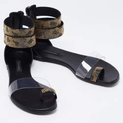 Pre Owned Casadei Black Leather And PVC Crystal Embellished Vinil Ankle Cuff Flat Sandals Size 38.5