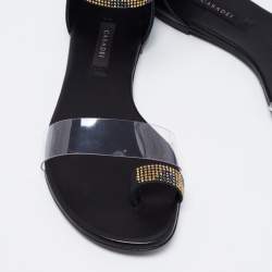 Pre Owned Casadei Black Leather And PVC Crystal Embellished Vinil Ankle Cuff Flat Sandals Size 38.5