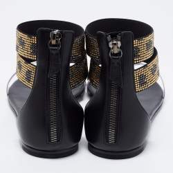Pre Owned Casadei Black Leather And PVC Crystal Embellished Vinil Ankle Cuff Flat Sandals Size 38.5